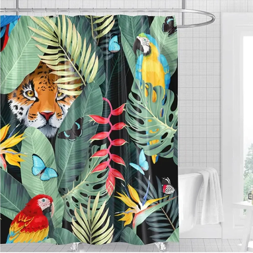 Tropical Jungle Novelty Shower Curtain with Leopard Parrot & Butterflies